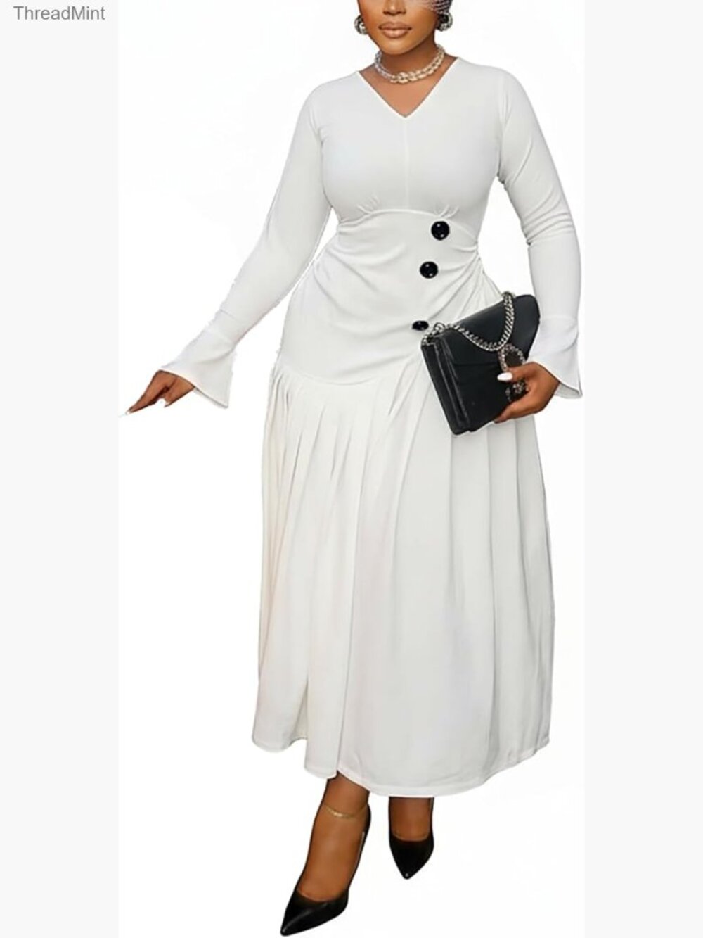 Pleated Midi Dress V-Neck Bell Sleeve Ruched A-Line Wedding Guest Office Party